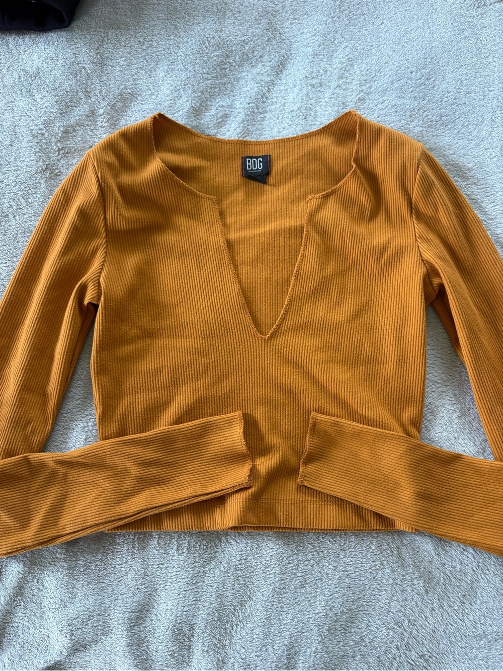 BDG Mustard Ribbed V-Notch Long Sleeve Top